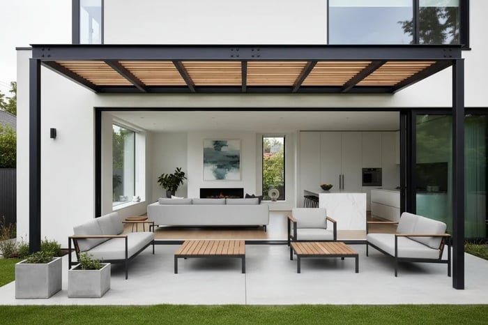 Attached pergola extending from house creating seamless indoor-outdoor living space