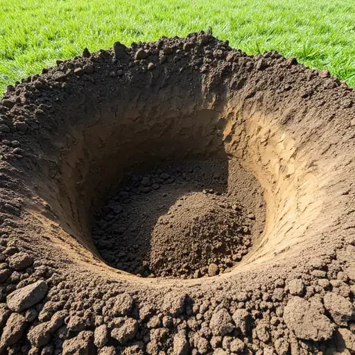 A hole 8-10 inches deep has been carefully dug within a neatly marked circle. The depth provides optimal drainage and reduces heat transfer to the ground.