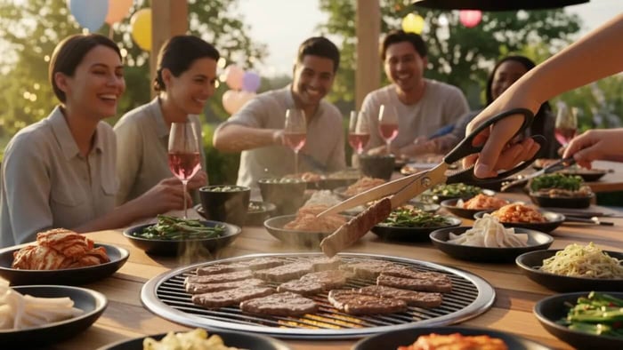 A high-end stainless steel grill cover is shown resting beside a recessed grill on a wooden Korean BBQ table. The cover is designed to sit flush with the tabletop, protecting the independent burners and ignition system from debris while converting the unit into a full, flat dining surface. The polished finish of the metal matches the marine-grade trim of the table, emphasizing a clean and professional aesthetic