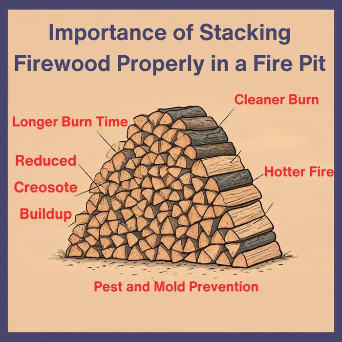 A diagram illustrating the benefits of proper firewood stacking. A neatly stacked pile of firewood is shown with labels highlighting the advantages: cleaner burn, hotter fire, longer burn time, reduced creosote buildup, and pest and mold prevention.