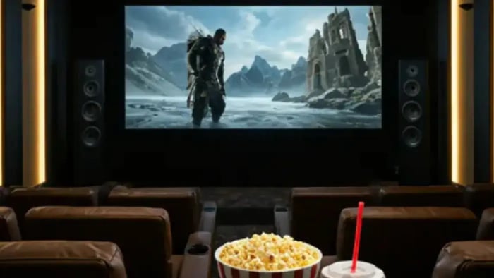 at home cinema with luxury cinema seating with popcorn and drink holder