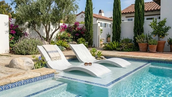 A high angle photograph looking down into a private Mediterranean style courtyard pool sanctuary at a real US home. Two white Ledge Lounger Signature chaises with a matte Cloud finish rest on a sun shelf surrounded by whitewashed stucco walls Zellige tile waterline and mature olive trees illustrating a luxury backyard design solution by Lux Yard and Homes.