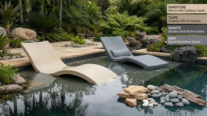 A close up photograph of raw natural materials including sandstone, grey river stones, quartz, and weathered driftwood arranged on a pool ledge. The scene contrasts a textured sandstone in pool lounger and a granite grey in pool lounger illustrating the nature first natural analog palette for biophilic backyard retreats by Lux Yard and Homes.