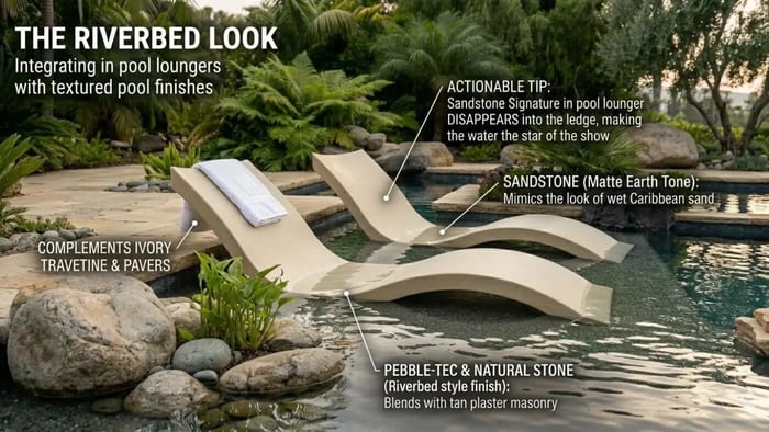 An annotated photograph of a photorealistic backyard pool retreat at golden hour sunset. The annotations point to two Ledge Lounger Sandstone in pool loungers resting on a textured Pebble Tec ledge. Callouts label the Riverbed Look and provide an Actionable Tip that the Sandstone colorway disappears into the masonry and blends with Ivory Travertine pavers for a natural design solution by Lux Yard and Homes.