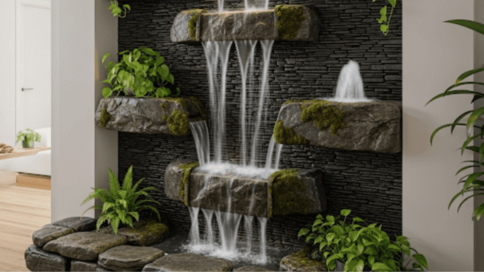 A tiered indoor wall fountain with water cascading over a series of textured stones, creating a waterfall effect in a contemporary living space.