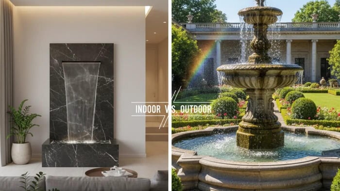 A split image comparing an indoor wall fountain and an outdoor fountain. On the left, a modern indoor living space features a sleek wall-mounted fountain with water flowing down a dark, marble-like surface, surrounded by minimalist decor and green plants. On the right, a grand, classical tiered outdoor fountain with a visible rainbow in its mist stands in a manicured garden with a large estate building in the background. The text "INDOOR VS. OUTDOOR" is overlaid in the center divide.
