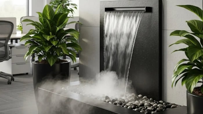 A sleek indoor wall fountain in a modern office, with a visible mist of water vapor rising from the basin to improve air quality and humidity.