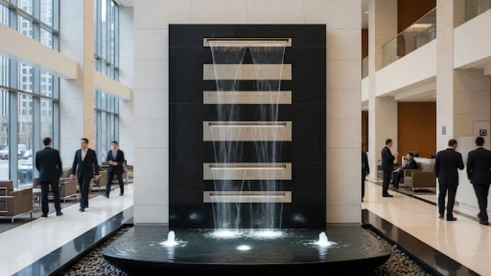 A stunning indoor wall fountain is the centerpiece of a modern office lobby, with water cascading over multiple tiers into a large, elegant basin.
