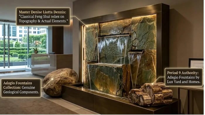 A luxurious corporate lobby featuring a massive, natural green stone water feature with integrated warm lighting. Transparent golden text boxes overlay the scene, providing expert context: 1. "Master Denise Liotta Dennis: 'Classical Feng Shui relies on Topography & Actual Elements.'" 2. "Adagio Fountains Collection: Genuine Geological Components." 3. "Period 9 Authority: Adagio Fountains by Lux Yard and Homes." The background shows a polished reception desk and glass doors opening to a lush garden.