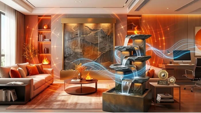 A luxury home office featuring a large Adagio Fountains wall mounted stone waterfall and a multi tiered floor fountain, illustrating Period 9 Feng Shui principles by balancing orange fire energy with blue flowing water energy to activate wealth and prosperity stars.