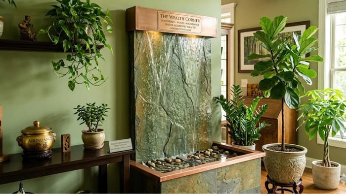 A photograph taken indoors captures a green stone wall water fountain in a room with light sage walls and abundant potted plants. The fountain features a textured panel of natural green slate, down which water flows into a base containing a tray of smooth river rocks. A brass plaque is affixed to the frame above the falling water, reading, 'THE WEALTH CORNER SOUTHEAST • WOOD • ABUNDANCE WATER NOURISHES WEALTH AOAGIG FOONIAINS'.