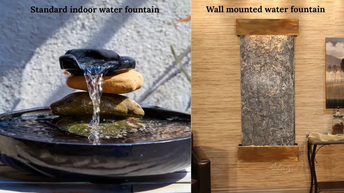 real representation of a small indoor water fountain and a large adagio wall mounted fountain