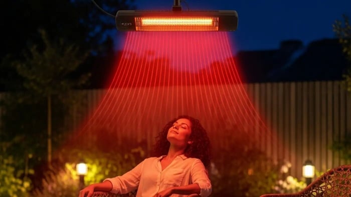 A woman with curly hair relaxes in an outdoor chair, bathed in the red radiant heat from an overhead patio heater at dusk.