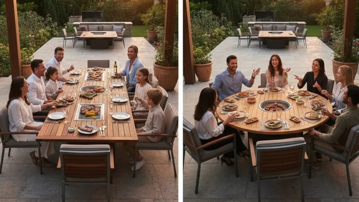 A side-by-side comparison of two outdoor wooden Korean BBQ table layouts on a stone patio. The left panel shows a large, rectangular 8-seater table with two independent, built-in rectangular grills, ideal for big family gatherings. The right panel features a round social grilling table with a single circular grill in the center, designed to facilitate inclusive conversation and equal access for a smaller group of friends