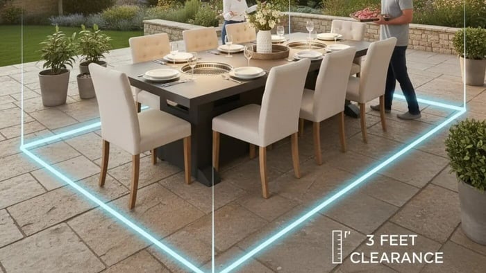 A high-angle shot of a luxury 8-seater rectangular Korean BBQ table on a stone patio with cream-colored upholstered chairs. The image features a glowing blue rectangular border on the ground around the furniture set with a text overlay that reads "3 FEET CLEARANCE". This visual guide illustrates the "Golden Rule" for dimensions, showing the necessary space required for guests to pull out their chairs and for traffic to flow comfortably around the table.