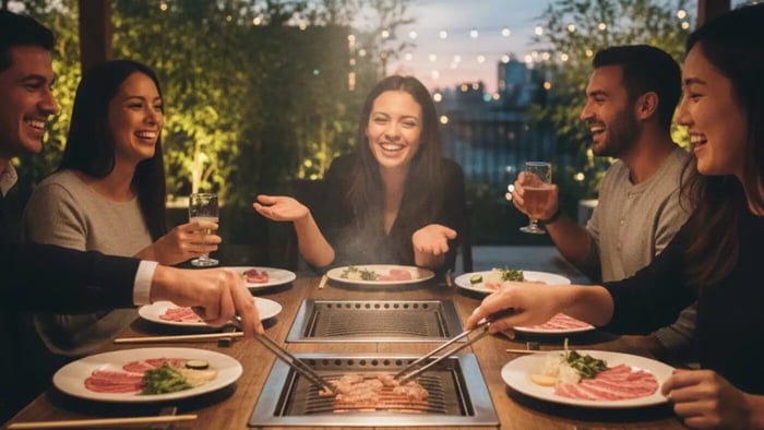 A lively outdoor evening scene featuring five friends gathered around a rectangular Korean BBQ table on a patio. Guests are laughing and holding drinks while two people in the foreground use stainless steel tongs to flip marinated meats on a central, built-in gas grill. The setting is illuminated by warm string lights in the background, highlighting the interactive and communal nature of social grilling.