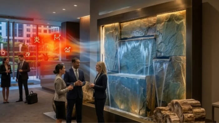 A wide-angle, medium shot of a large and luxurious, three-tiered wall-mounted indoor water feature inside a modern corporate lobby at dusk. The fountain is constructed with a brushed dark metal frame and features massive, rough-hewn slate panels with integrated warm LED lighting highlighting their textures. Water cascades over the stone into basins below, where natural river boulders and large sections of raw petrified wood are artfully placed. The water feature is built into a textured, earthy-brown wall.