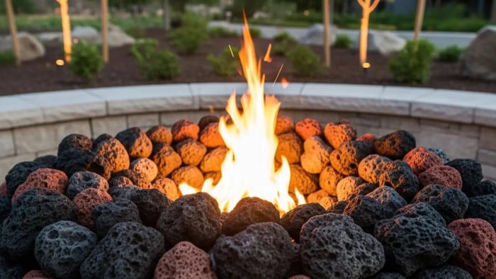 A close-up of a gas fire pit with a vibrant flame, surrounded by a mix of dark grey and reddish-brown lava rocks, in an outdoor setting.