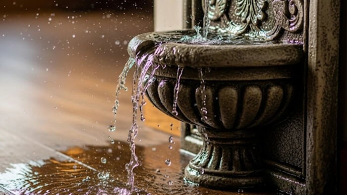 A close-up of a decorative indoor wall fountain with water splashing out of the basin onto a wooden floor.
