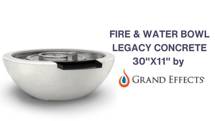 White concrete fire and water bowl with Grand Effects logo.