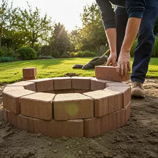 A low-angle view of a man carefully placing the first course of bricks around the perimeter of a fire pit. He is ensuring that the bricks are level and evenly spaced.