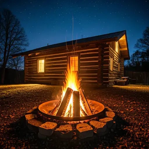 A rustic log cabin with a crackling fire pit under a starry sky. The perfect setting for a cozy night in.