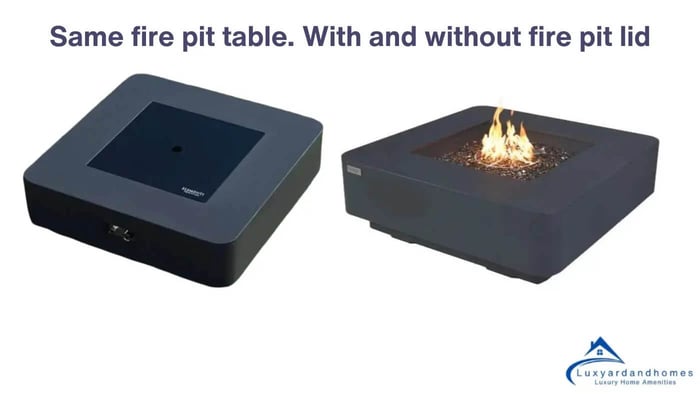 A side-by-side comparison of a square, dark grey fire pit table. On the left, the table is shown with a black, solid lid covering the fire pit basin. On the right, the same table is shown with the lid removed, revealing an active flame over fire glass.