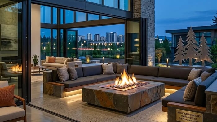 Luxury open-concept indoor-outdoor living space at dusk, featuring a large U-shaped built-in luxury fire pit lounge, concrete floors, stone columns, modern potted plants, and a city skyline view.