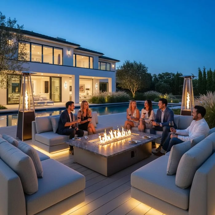 friends and family sitting in a luxury backyard around a rectangular fire pit table and outdoor patio heaters