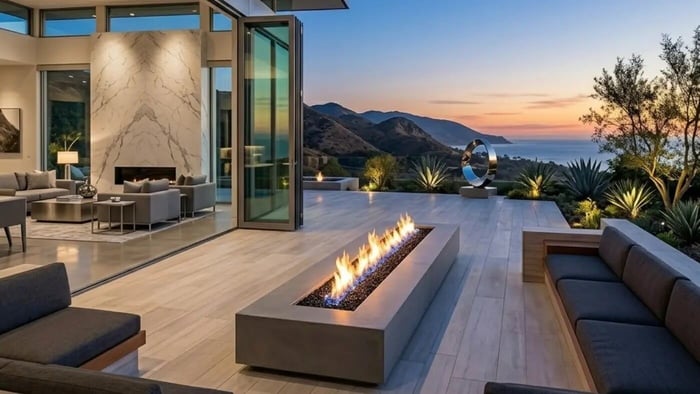 A seamless transition from the sleek, open-concept interior of an affluent California estate to an expansive terrace featuring a modern rectangular fire pit, offering unobstructed sunset views of the Malibu hills and coastline.