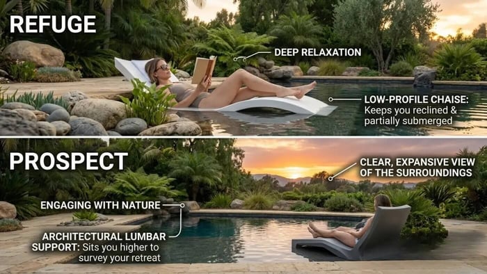 An annotated split panel image of a luxury pool at sunset. The top panel illustrating Refuge shows a low profile in pool lounger for deep relaxation. The bottom panel illustrating Prospect shows an upright in pool lounger with lumbar support allowing you to sit higher to survey your retreat for engaging with nature.