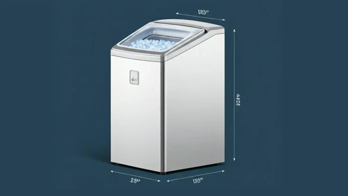 A freestanding ice maker is shown against a dark blue background. The ice maker is silver with a clear lid on top. It has measurements labeled on the sides: 29" (width), 19" (depth), and 52" (height). Ice cubes are visible inside the machine.