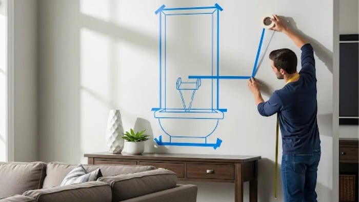 A man uses blue painter's tape to mark a design for an indoor wall fountain on a living room wall, with arrows and measurements drawn to show scale and proportion to the furniture.