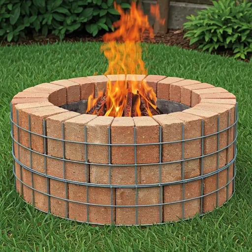 A close-up view of metal rebar being placed between layers of bricks in a fire pit under construction. Rebar adds extra strength and stability to the structure.