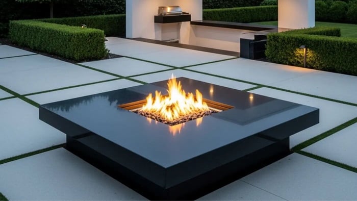 A sleek, modern square fire pit table sits in a contemporary outdoor patio with straight edges and minimalist design, highlighting its symmetrical appearance.