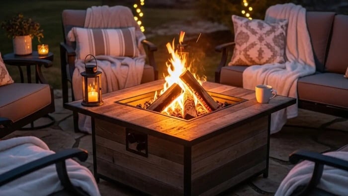 square wood burning fire pit in backyard