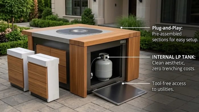 An image from an elevated angle showing a modular teak wood and stainless steel iBBQ outdoor grilling island on a stone patio. A magnetic side panel is removed and set on the pavers, revealing how a standard 20-pound gray liquid propane (LP) tank is housed entirely and cleanly inside the structure. Two other small pre-assembled sections of the island are visible, reinforcing the plug-and-play concept. The background is a luxury backyard from image_0.png. Text overlay points to 'INTERNAL LP TANK: Clean aesthetic, zero trenching costs' and 'Plug-and-Play: Pre-assembled sections for easy setup.