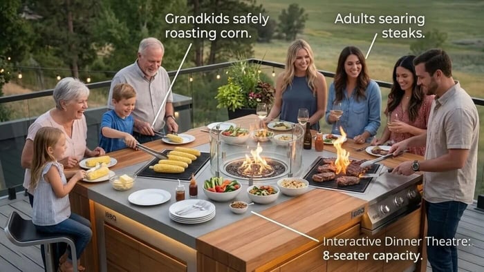 A slightly elevated candid photograph of a large, diverse multi-generational family (grandparents, parents, children) gathered intimately around a large, teak wood and stainless steel iBBQ Angara Maximus 8-seater social grilling table on a deck similar to image_0.png. The scene is full of joy. In the centerpiece of the island is a large, interactive cooktop from image_0.png. The grandfather (60s) and grandson (8) are smiling, roasting large ears of corn directly on the active surface with long tongs at one end. At the opposite, separated cooking zone, an adult father (30s) is expertly searing several thick steaks, while grandmother (60s), mother (30s), and other relatives (20s) watch, laugh, and socialize with glasses of wine. The table is laden with bowls of fresh vegetables, sauces, plates, and wine glasses. The background shows the contemporary deck from image_0.png with lush greenery and mature landscaping. A subtle text overlay points to: 'Grandkids safely roasting corn,' 'Adults searing steaks,' and 'Interactive Dinner Theatre: 8-seater capacity.' The perspective is intimate, capturing the inward-facing 'social geometry.