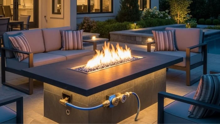 gas fire pit table in beautiful outdoor setting inside a home