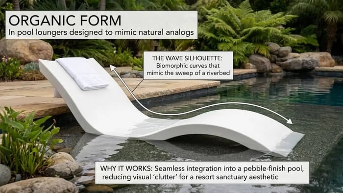 An annotated low angle photograph of a white Ledge Lounger Signature Chaise in a shallow pool. The text callouts highlight the organic form and wave silhouette of the in pool lounger as a natural analog for biophilic backyard retreats by Lux Yard and Homes.
