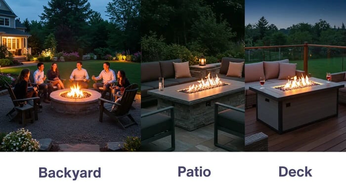 A composite image showing three different outdoor fire pit arrangements: a traditional round fire pit with people gathered in a backyard, a rectangular fire pit table with seating on a stone patio, and a rectangular fire pit table with seating on a wooden deck at dusk.