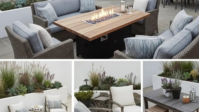 "A collage showing various outdoor patio living spaces. The largest image at the top features a white modern house with string lights overhead, leading to a patio with a rectangular wooden fire pit table surrounded by gray wicker sofas and chairs. To the right is an outdoor dining set. 