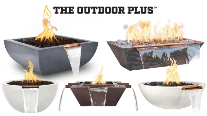 Image displaying five fire and water bowls from The Outdoor Plus, showcasing different shapes, materials, and flame patterns, with the brand logo at the top.
