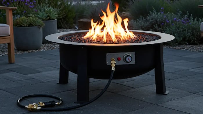 This image shows a black, circular propane fire pit on a paved patio. The fire pit has a stainless steel ring around the top edge and is filled with black lava rocks. Flames are visible in the center of the pit. A black gas line with brass fittings extends from the pit to the lower left corner of the image. The patio is made of gray pavers and there are green plants visible in the background. The image is taken at dusk, with the sky a deep blue color.