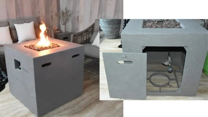 modeno grey fire pit with integrated propane tank storage