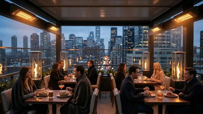 outdoor patio heater on a rooftop bar