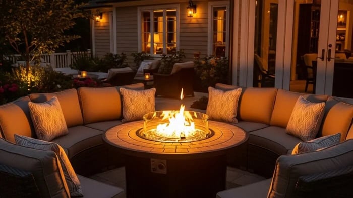 A warmly lit outdoor patio features a glowing round fire pit table surrounded by comfortable, curved seating, suggesting an inviting and communal atmosphere.