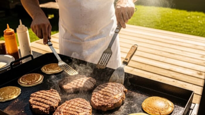  A person wearing a white apron uses two spatulas to cook several hamburgers and pancakes simultaneously on a large outdoor flat-top griddle. Steam rises from the sizzling food. In the background, a wooden deck and green lawn are visible under bright sunlight.