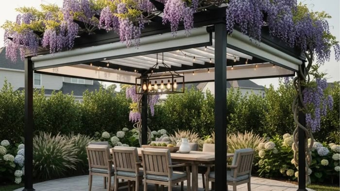 A black metal pergola with a retractable white canopy roof and purple wisteria vines draped over the top. Beneath the pergola, a long wooden dining table with six cushioned chairs is set on a stone patio. A rectangular black lantern chandelier and string lights provide warm illumination. The surrounding landscape features lush green hedges, white hydrangeas, and tall ornamental grasses.