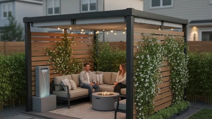 A modern, black-framed pergola set in a cozy backyard at dusk. Inside, a man and woman sit on a tan L-shaped sectional sofa around a circular gray fire pit. The space is decorated with string lights, a patterned outdoor rug, a small lit water feature, and horizontal wood-slat privacy walls covered in climbing white flowers. Tall green bamboo and a wooden fence provide a backdrop under a soft, evening sky.